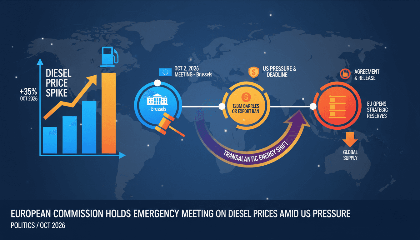A graphic illustrating the surge in diesel prices and the emergency meeting's outcomes regarding strategic reserves.