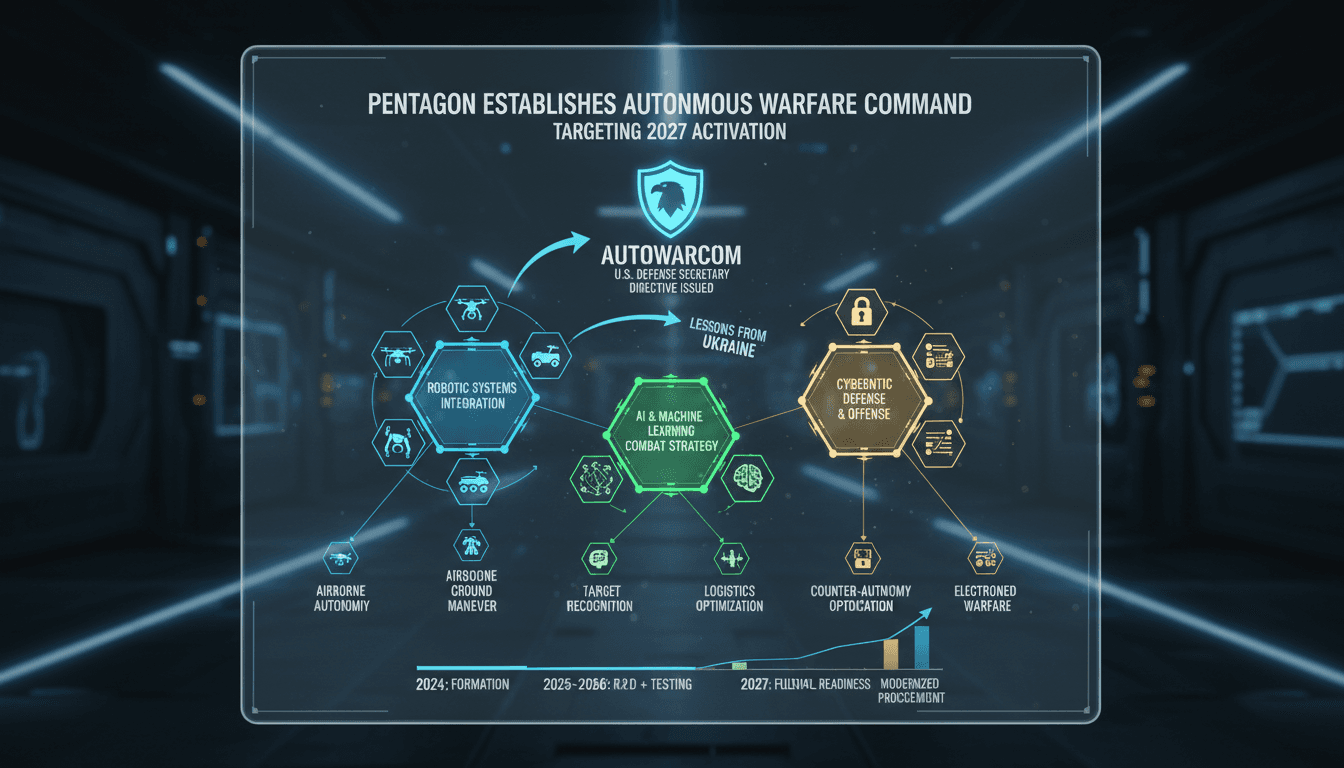 An infographic showing the structure and capabilities of the Pentagon's Autonomous Warfare Command.