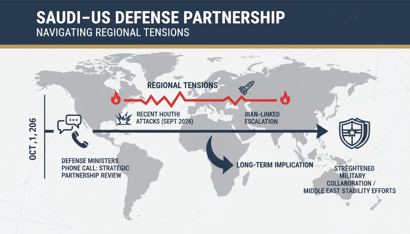 A graphic illustrating the Saudi-US defense partnership and recent regional tensions.