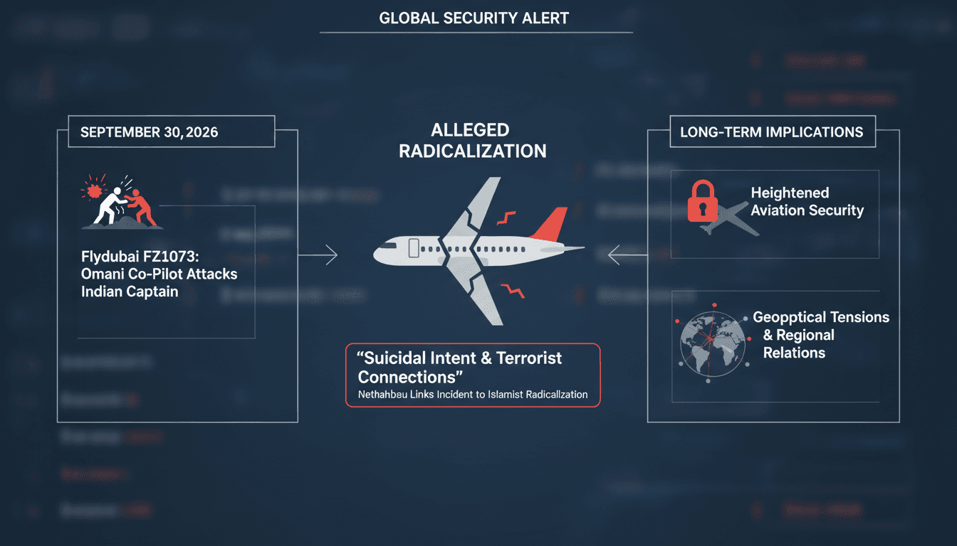 Infographic showing the timeline and implications of the Flydubai co-pilot attack on airline security.