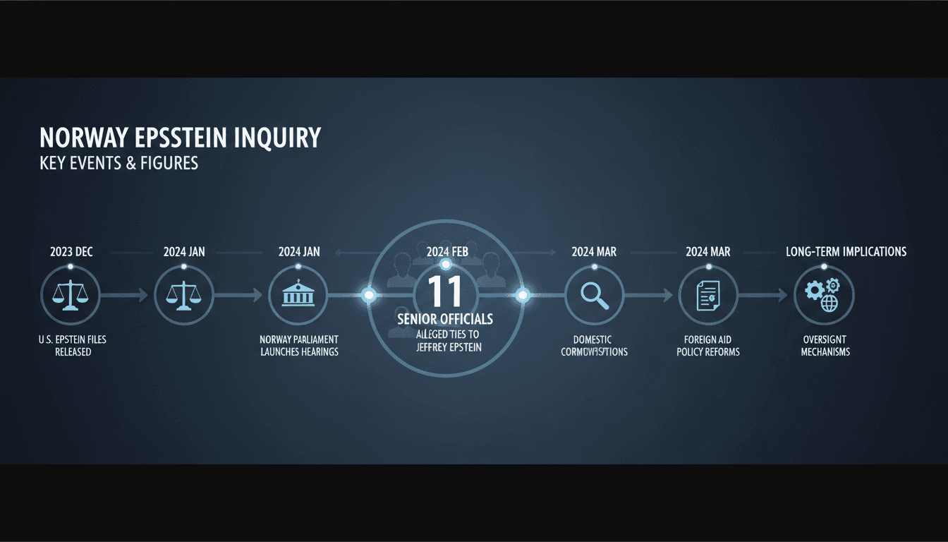 A timeline of Norway's parliamentary inquiry into Epstein ties, highlighting key figures and events.