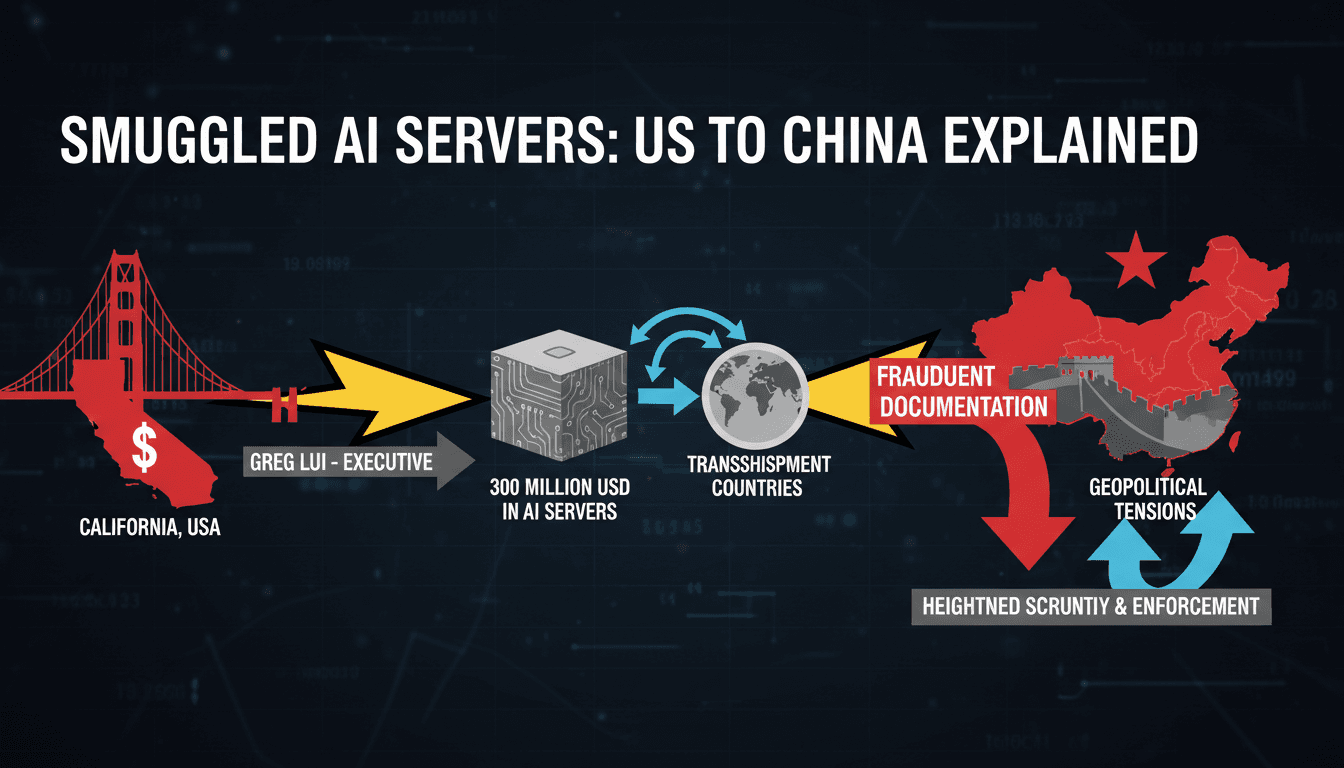 Infographic showing the smuggling route of AI servers from the U.S. to China, detailing key players and financial transactions.