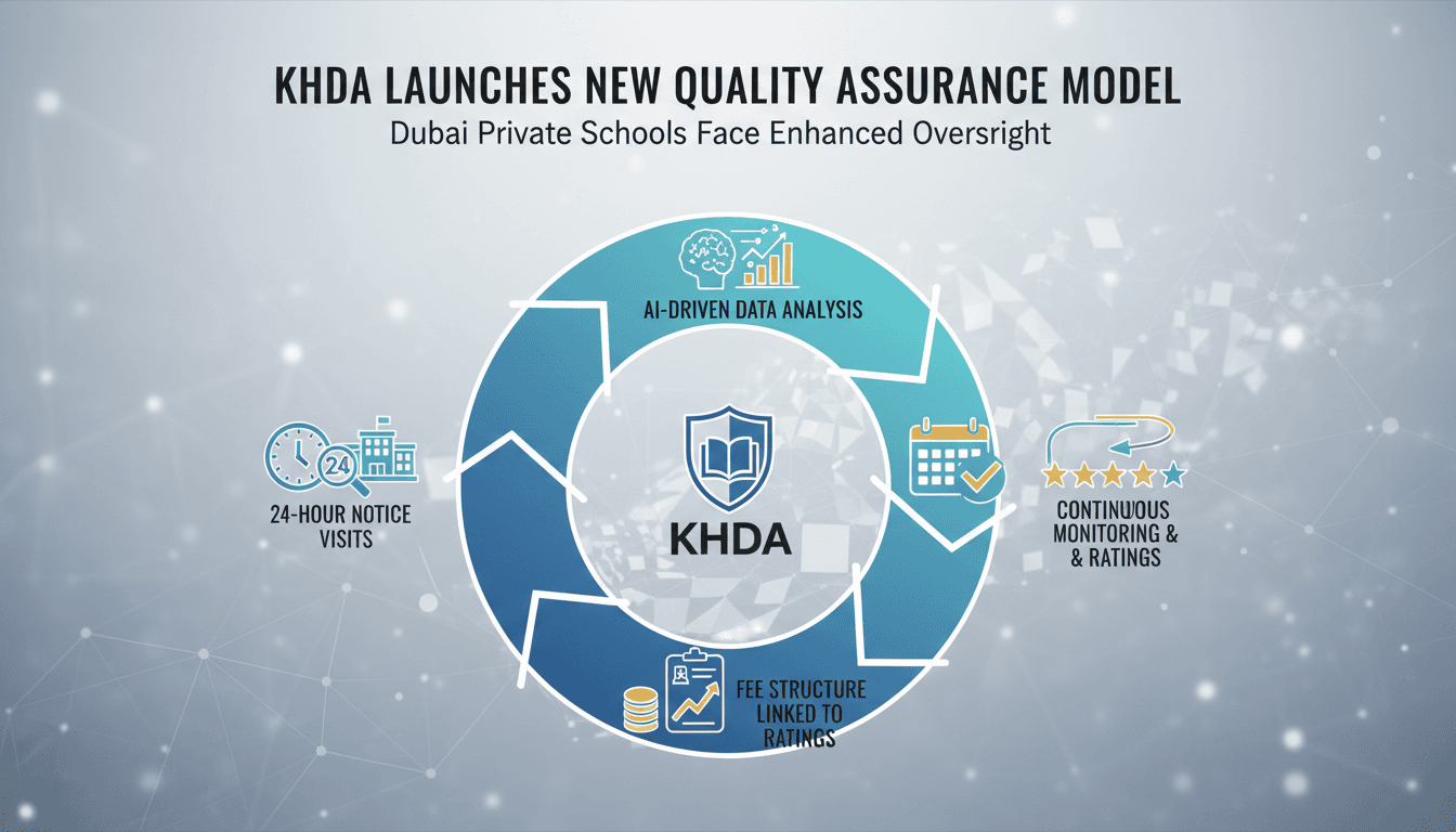 Infographic showing Dubai's new private school inspection model and its impact on education quality and fees.