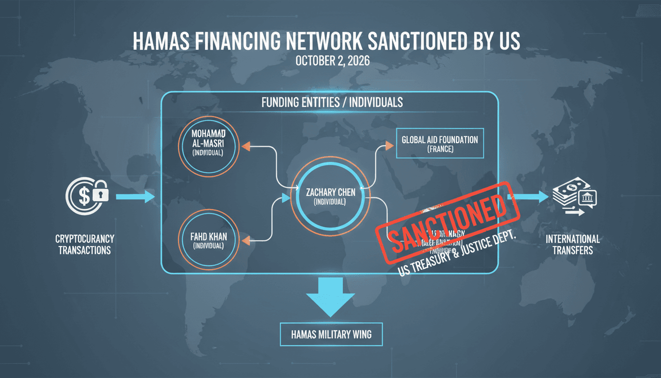 Flowchart showing the network of individuals and charities involved in Hamas financing, highlighting the flow of funds.