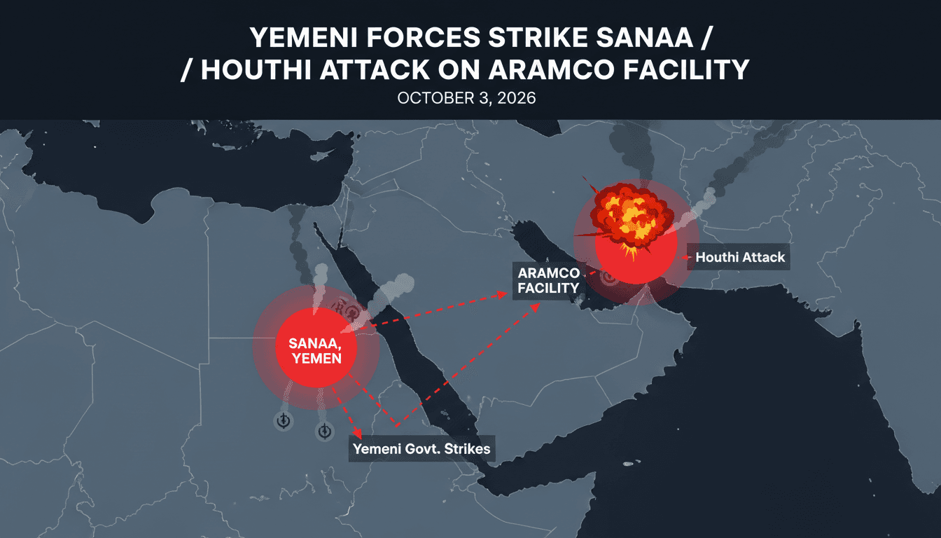 Map highlighting the Yemen conflict escalation, showing Sanaa and Aramco facility locations.