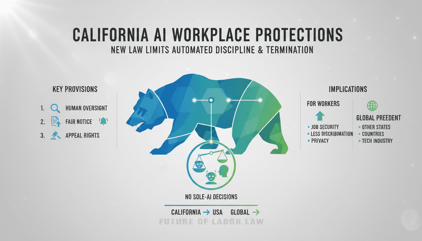 Infographic showing California's AI workplace laws and their impact on employee rights and protections.