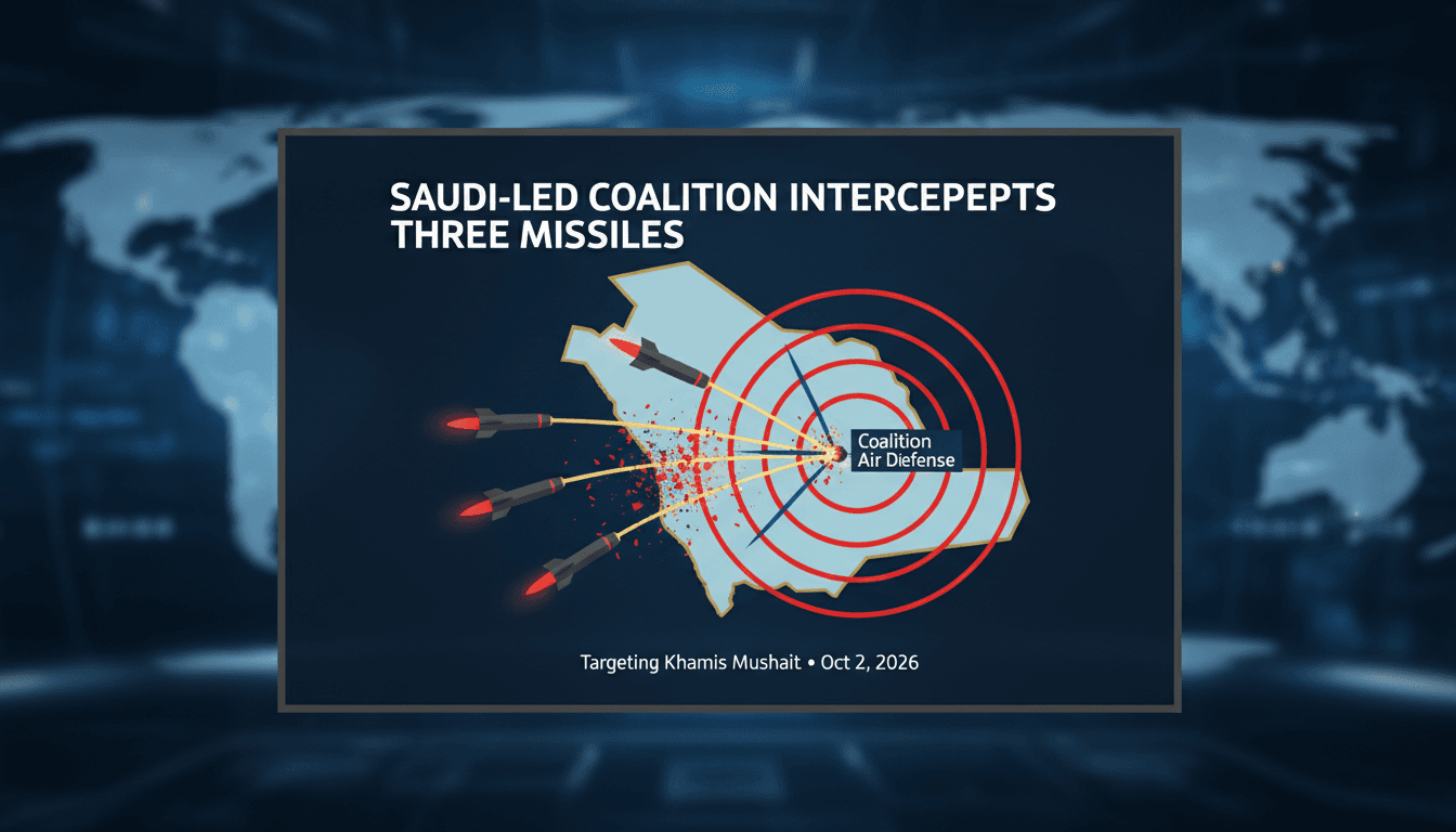 Infographic showing the interception of three Houthi missiles targeting Khamis Mushait in Saudi Arabia.