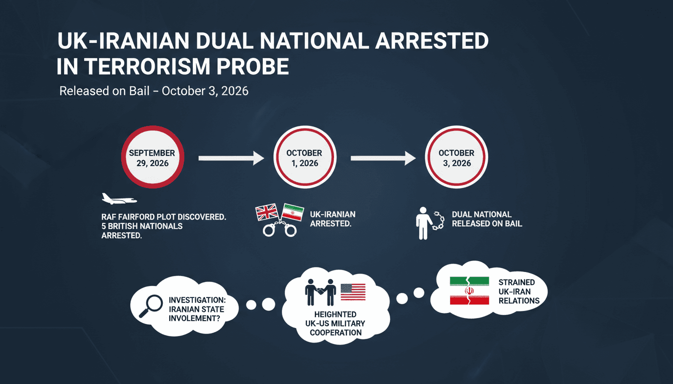 A visual timeline of the UK-Iranian national's arrest and the RAF Fairford terrorism investigation.