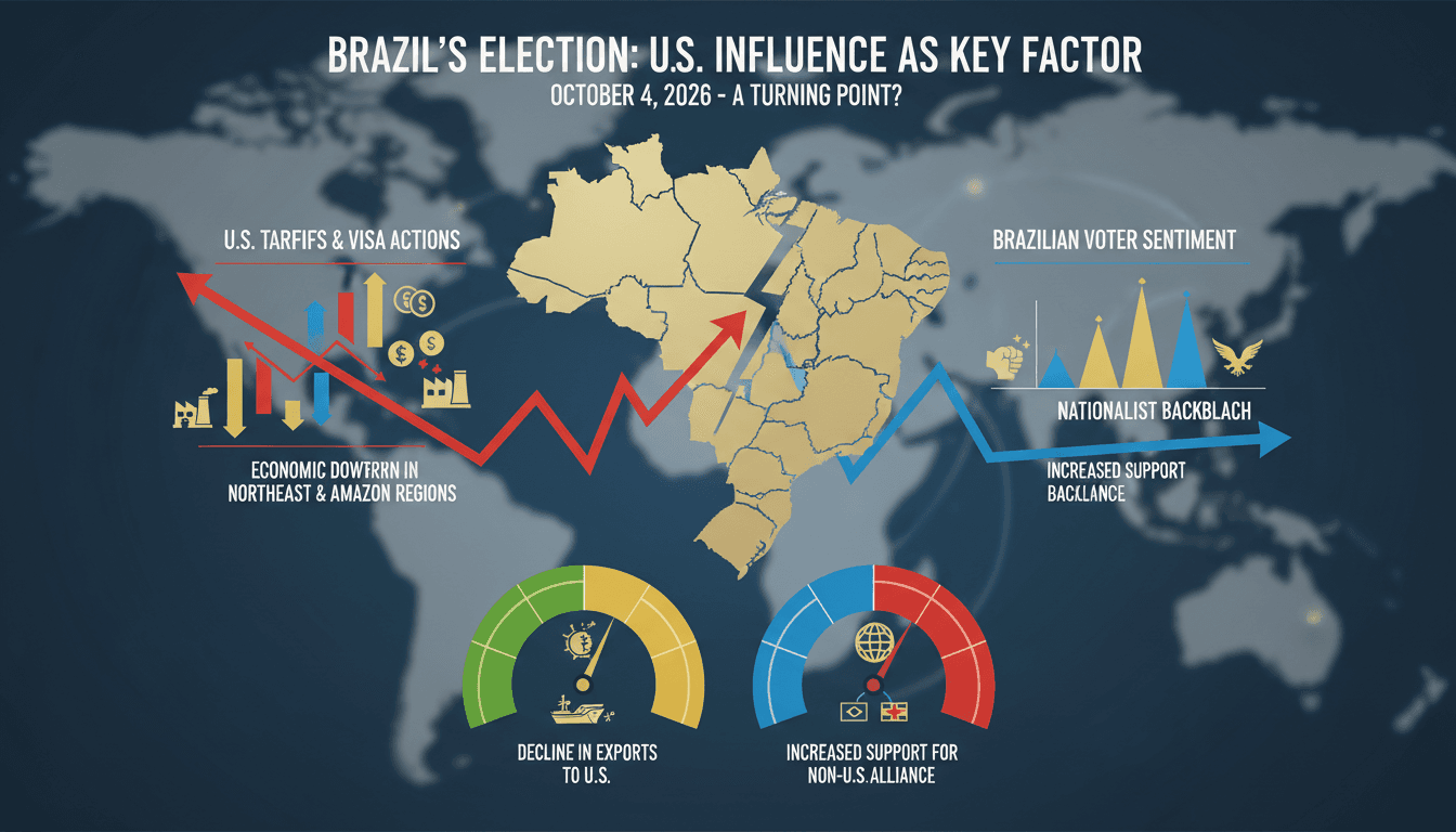 Infographic showing the impact of U.S. tariffs on Brazilian exports and voter sentiment in the 2026 election.