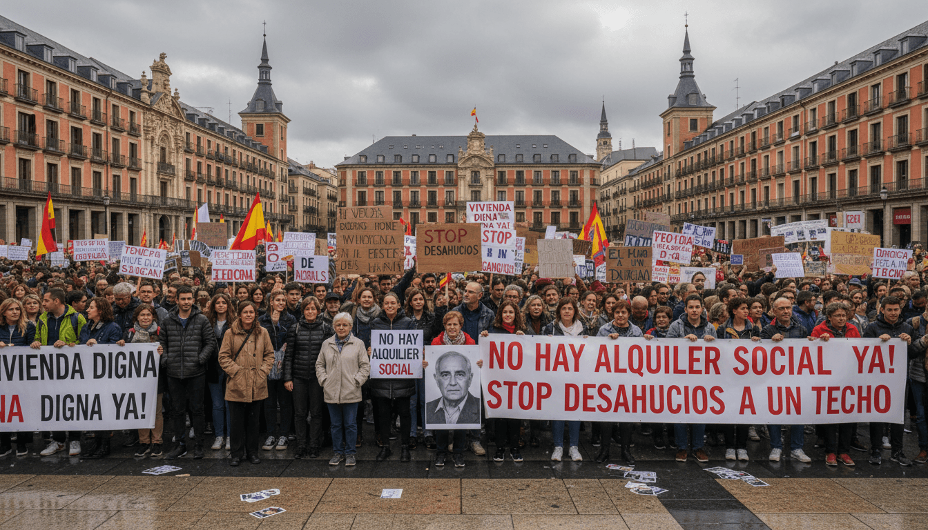 A large crowd of protesters in Spain demanding housing reforms, showcasing the urgency of the housing crisis.