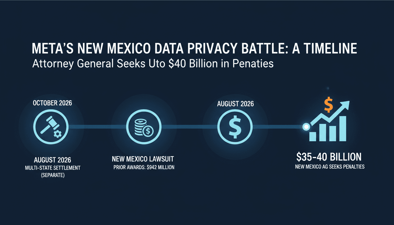 Infographic showing the timeline of Meta's legal challenges and penalties in New Mexico.