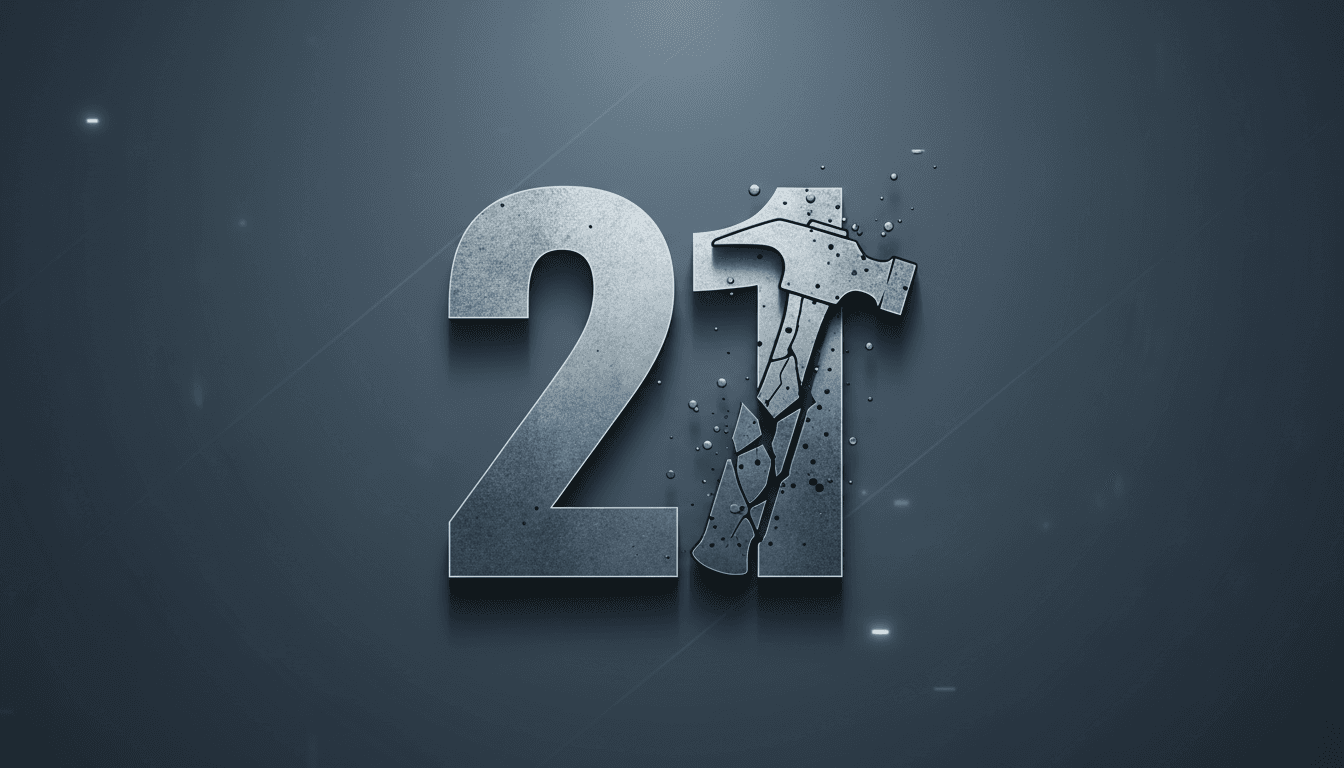A graphic depicting the number 21 alongside a hammer, representing the violent crime linked to the terrorism charges.