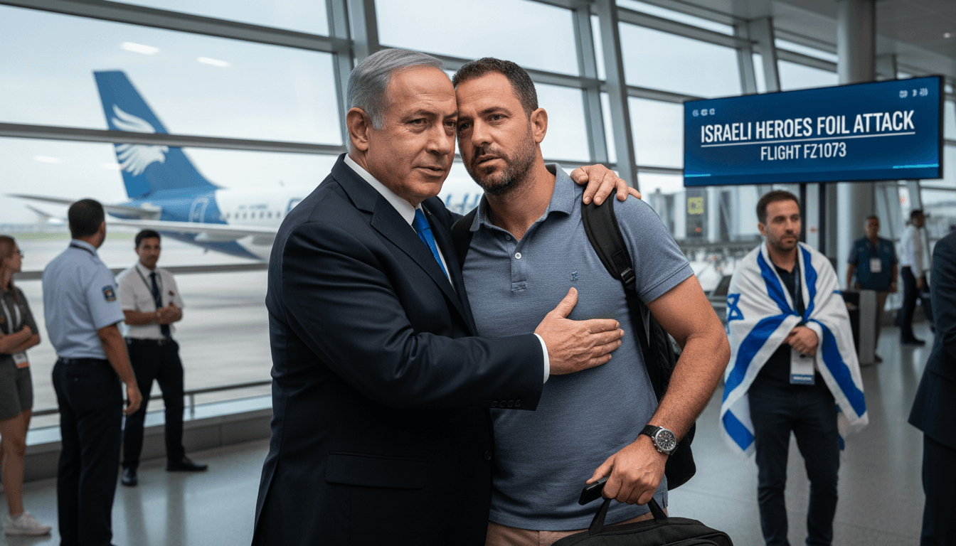 Netanyahu embracing a hero passenger, highlighting the intersection of security and political narrative.