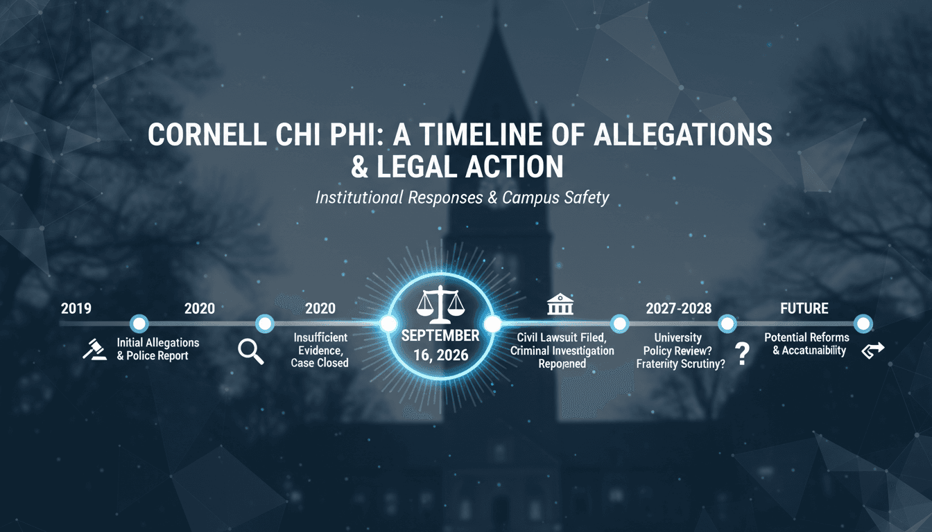 Timeline of events related to the Cornell University Chi Phi fraternity sexual assault allegations and legal proceedings.