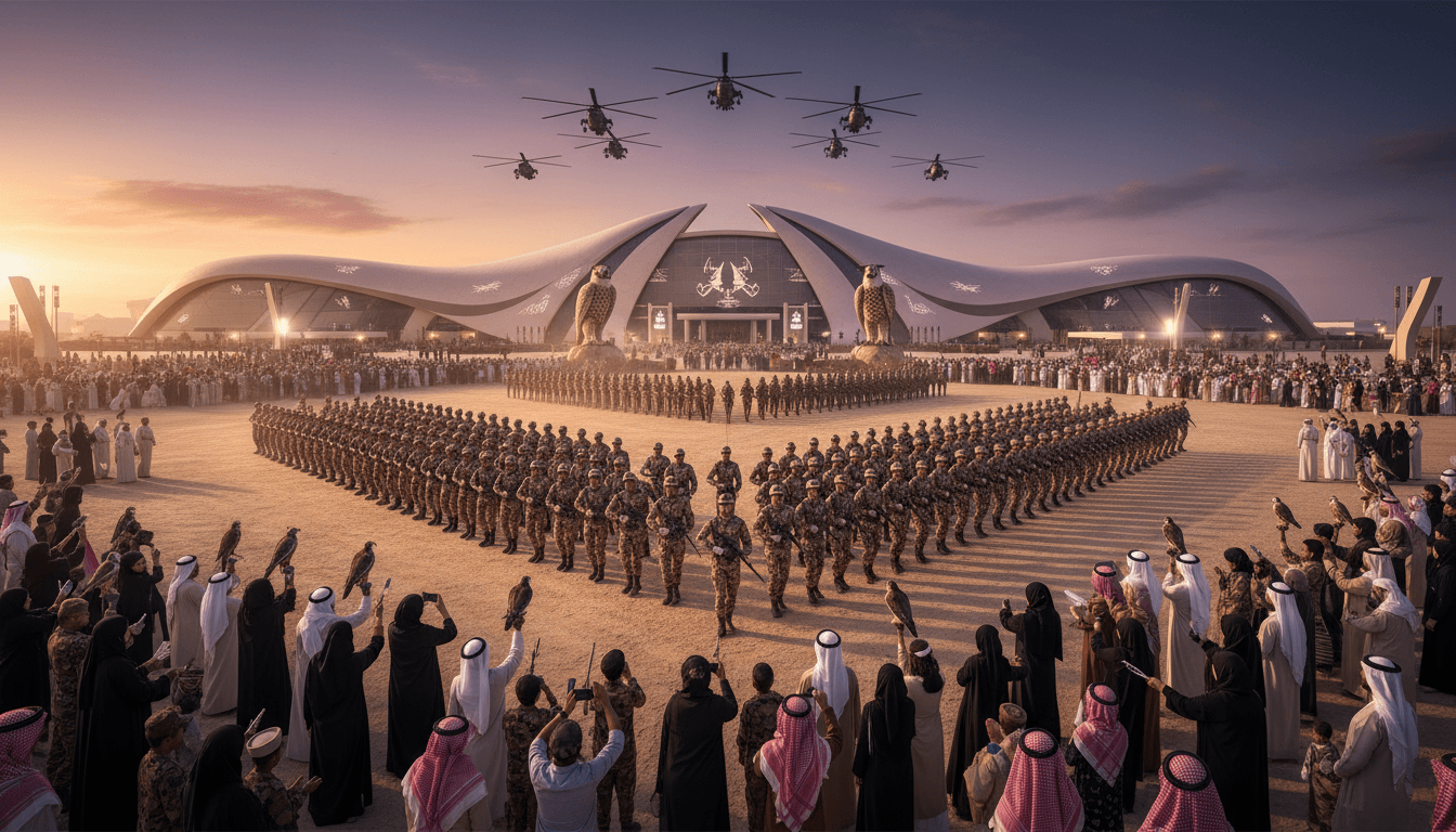Military infantry formations at the Saudi International Falcon and Hunting Exhibition showcasing discipline and cultural heritage.