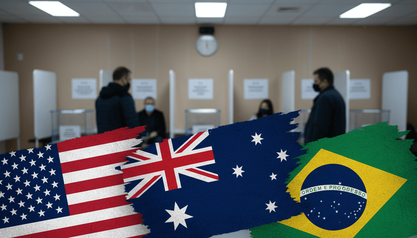 Flags of the US, Australia, and Brazil with a polling station backdrop, highlighting the suspension of consular operations.
