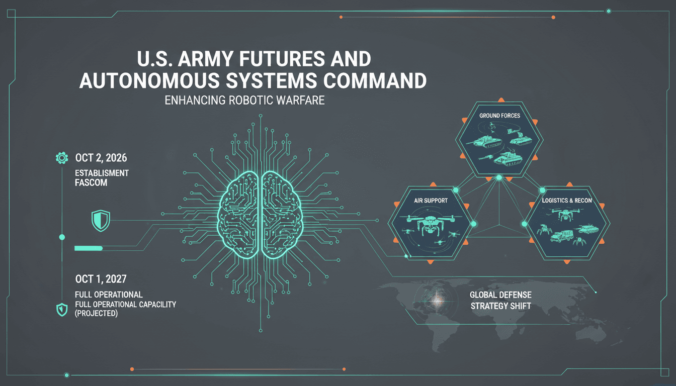 Infographic showing U.S. Army's Futures and Autonomous Systems Command and its impact on military strategy and technology integration.