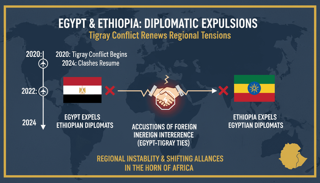 A map showing Egypt and Ethiopia with highlighted areas of conflict and diplomatic tensions related to the Tigray crisis.