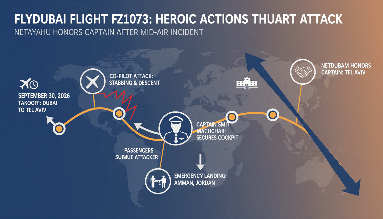 Infographic showing the timeline of the Flydubai cockpit attack and its implications for aviation security.