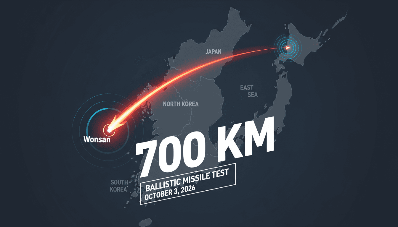 Infographic showing North Korea's missile flight path and distance, highlighting military capabilities.