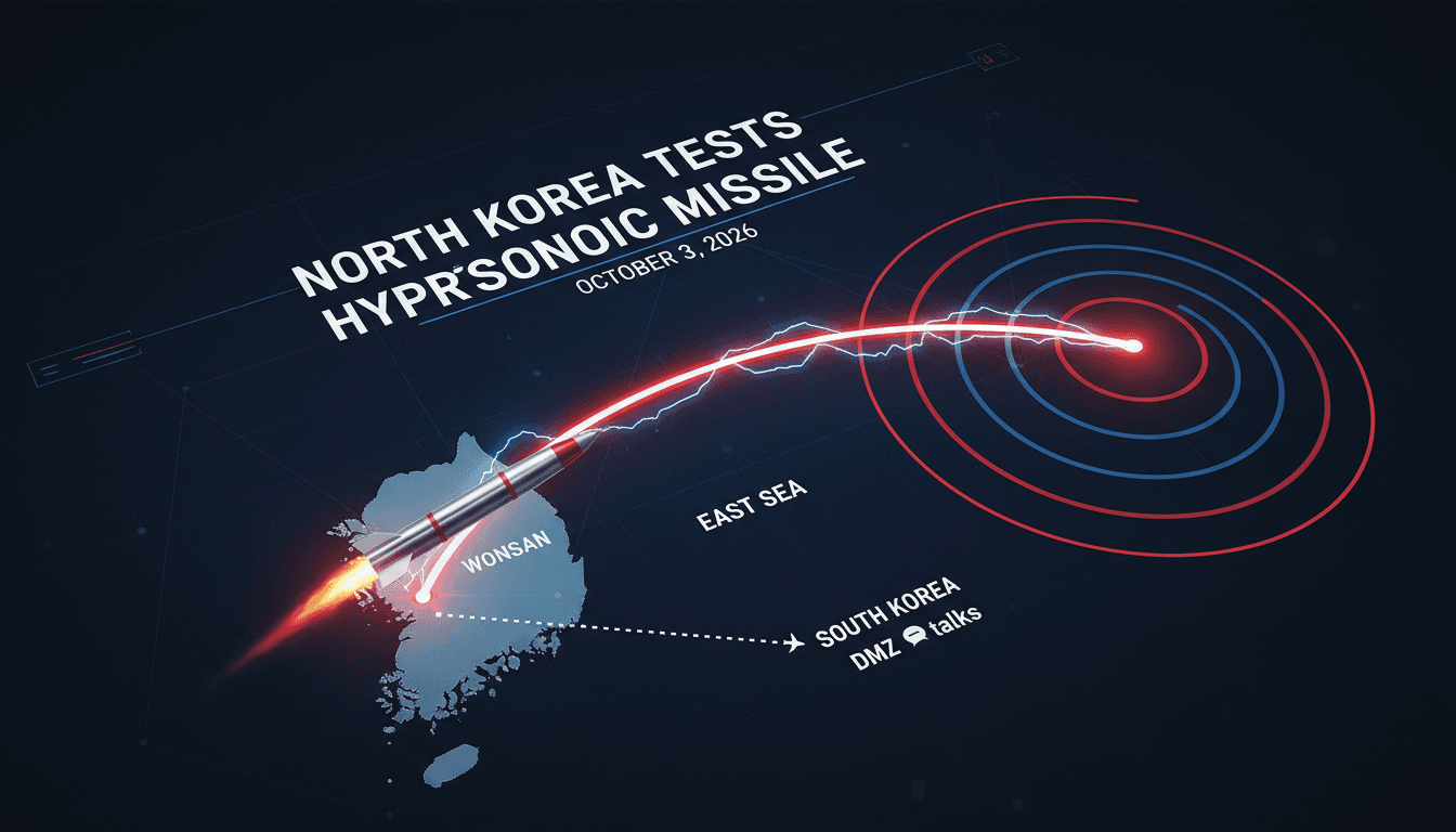 A graphic illustrating North Korea's hypersonic missile test, showcasing its range and advanced technology.