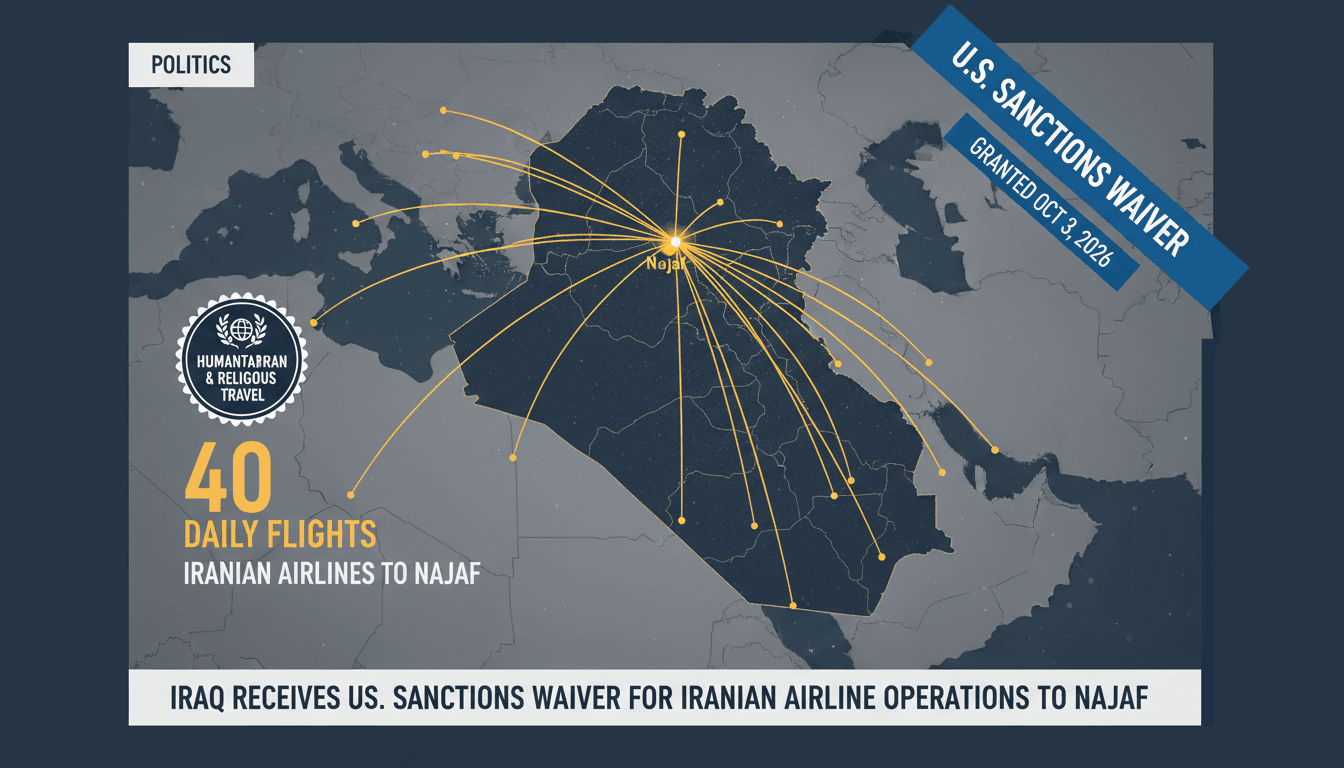 Infographic showing 40 daily flights from Iranian airlines to Najaf, highlighting the U.S. sanctions waiver details.