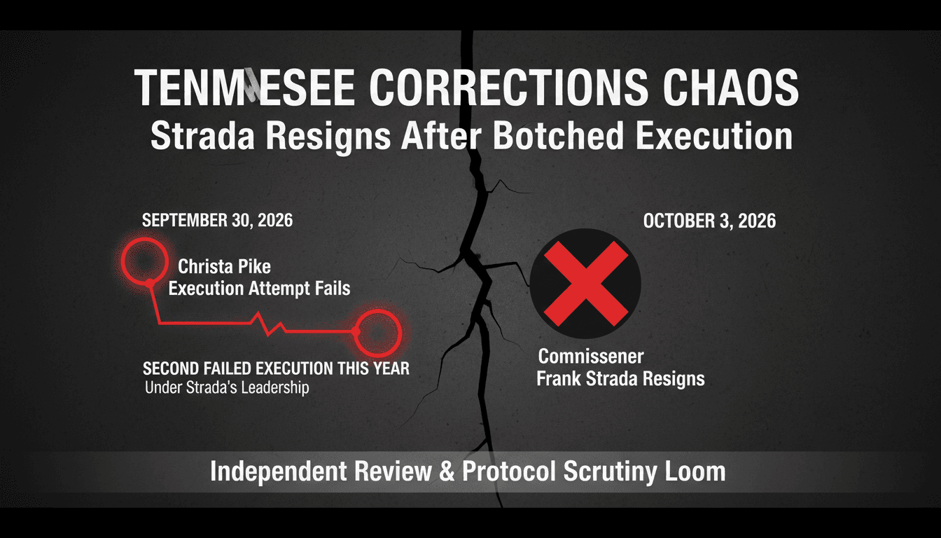 A graphic depicting the timeline of the failed execution of Christa Pike and the resignation of Frank Strada.