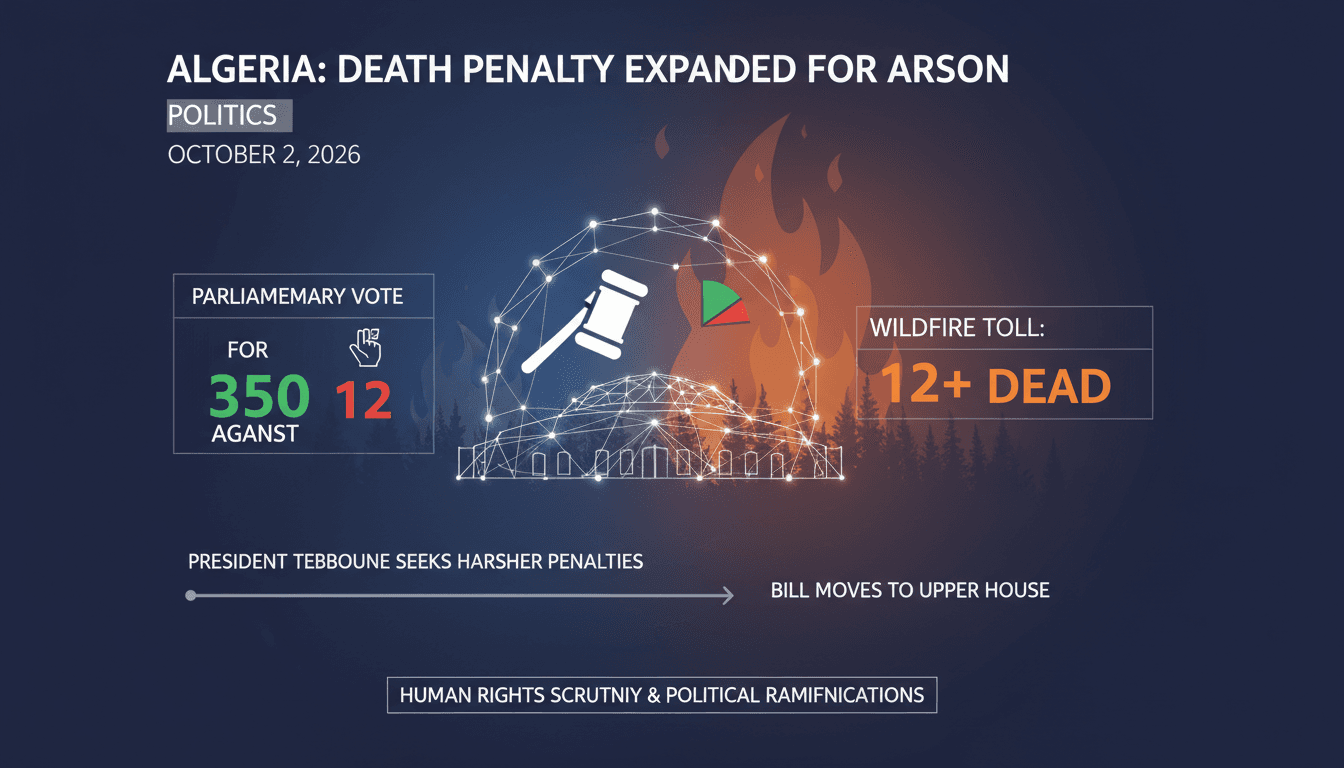 Infographic detailing Algeria's new death penalty legislation for arson, including vote results and wildfire statistics.