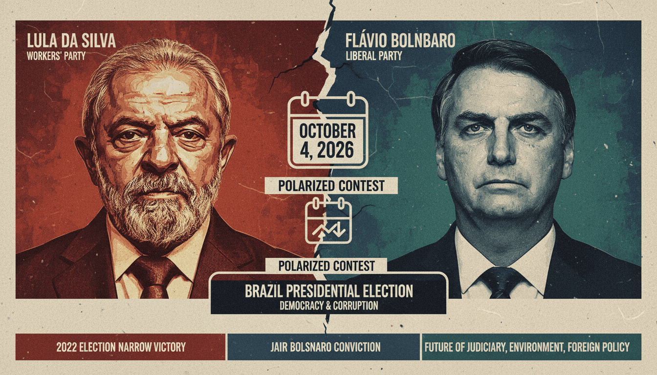 Candidates Lula and Flávio Bolsonaro for Brazil's 2026 presidential election, highlighting key issues and election dates.