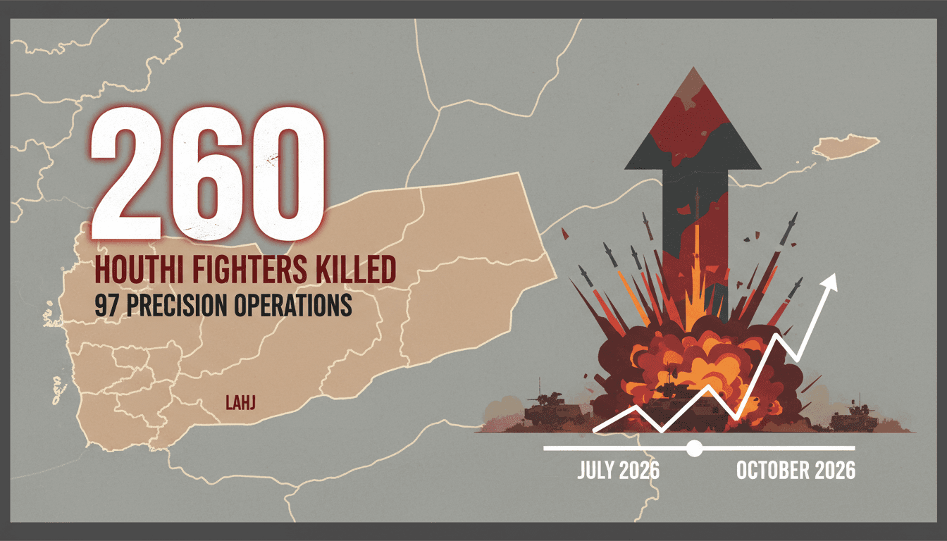 Infographic showing military operations in Yemen, highlighting 260 Houthi fighters killed.