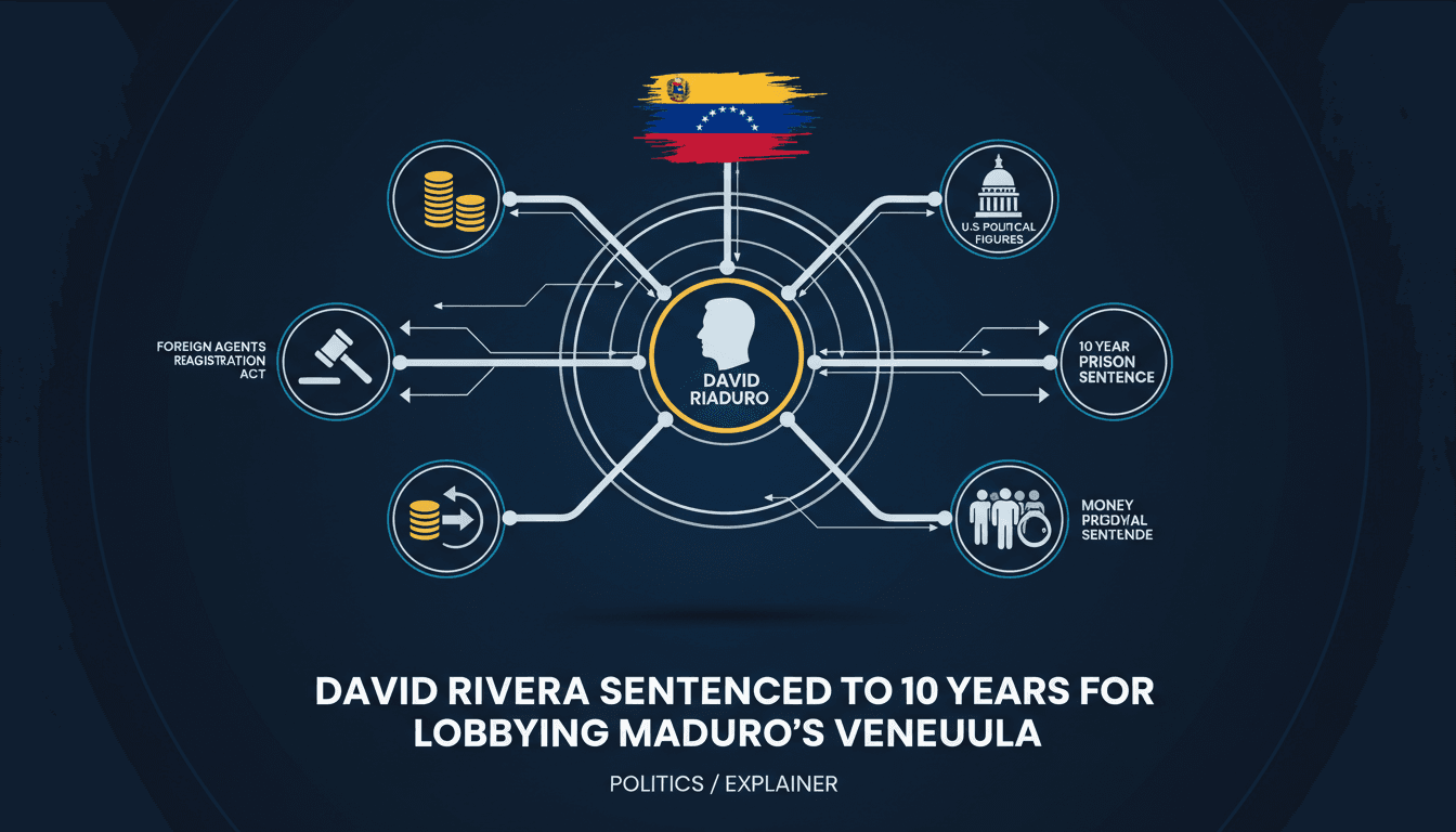 Infographic showing David Rivera's connections to Venezuela and U.S. political figures, highlighting lobbying implications.