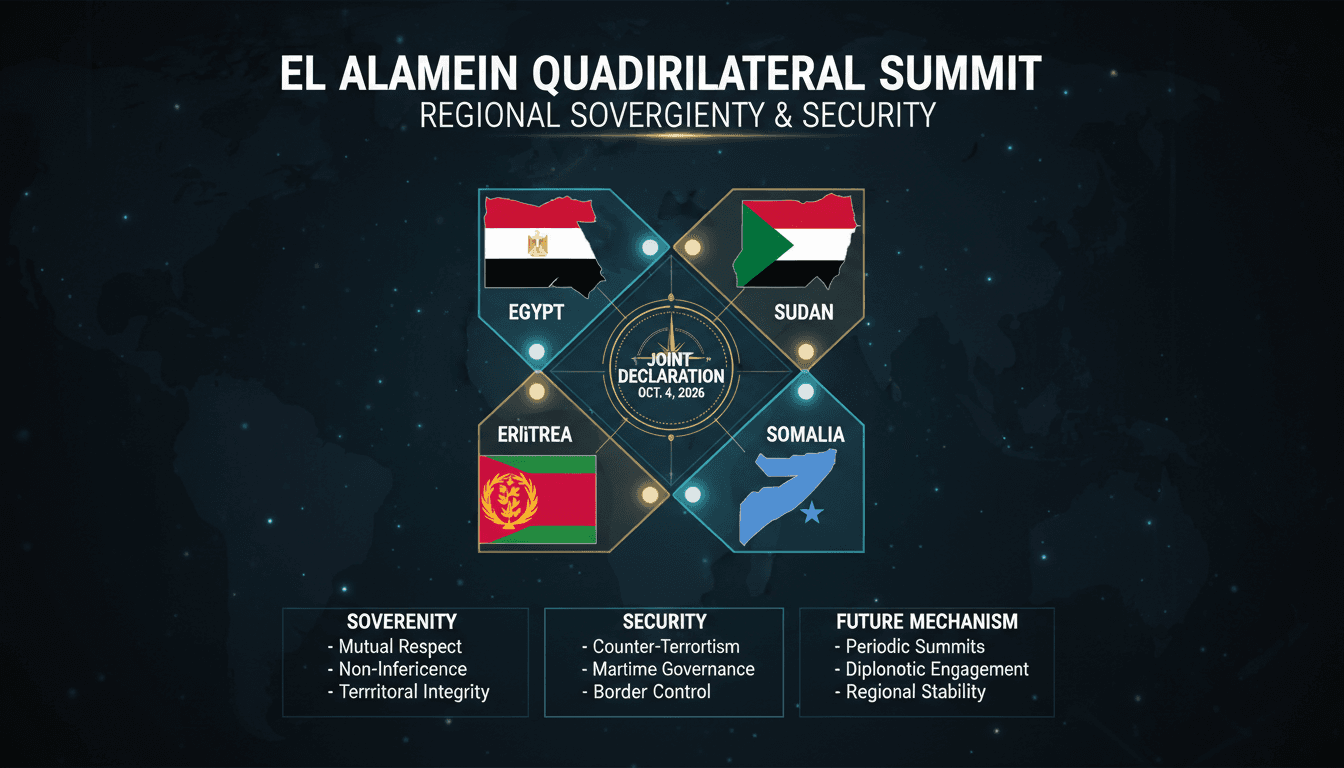 Leaders from Egypt, Sudan, Eritrea, and Somalia at the El Alamein Summit discussing regional sovereignty and governance.
