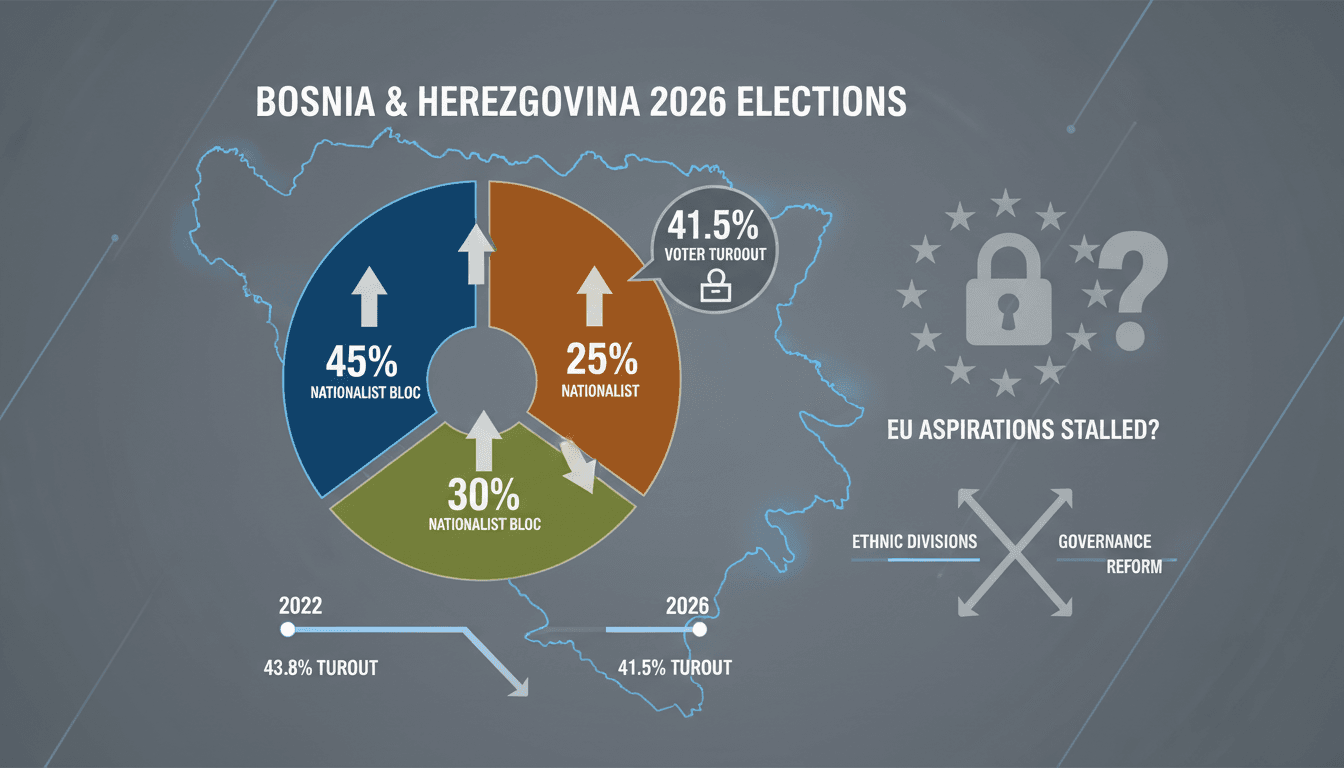 Infographic showing the 2026 elections in Bosnia and Herzegovina, highlighting voter turnout and party dominance.
