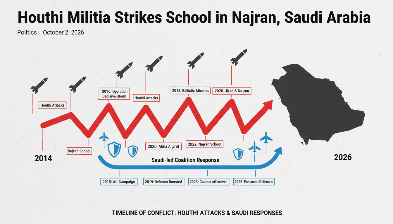 A map showing Najran, Saudi Arabia, with indicators of recent Houthi attacks and defensive responses.