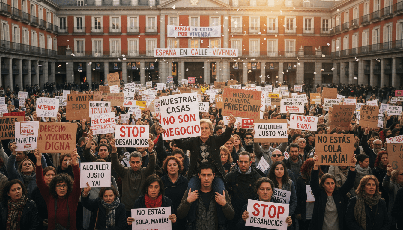 Protesters in Madrid demanding tenant rights and stronger housing protections during a recent demonstration.
