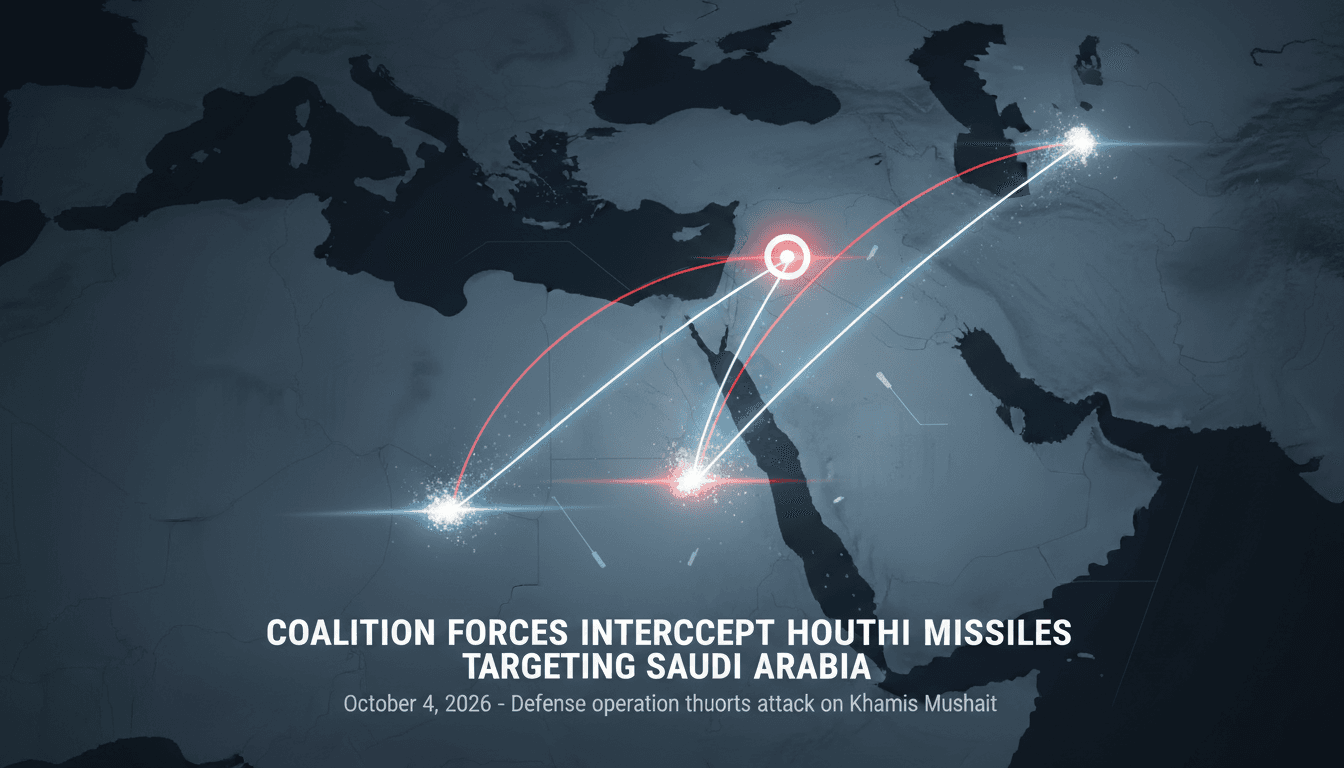 A graphic depicting the interception of Houthi missiles targeting Khamis Mushait in Saudi Arabia.