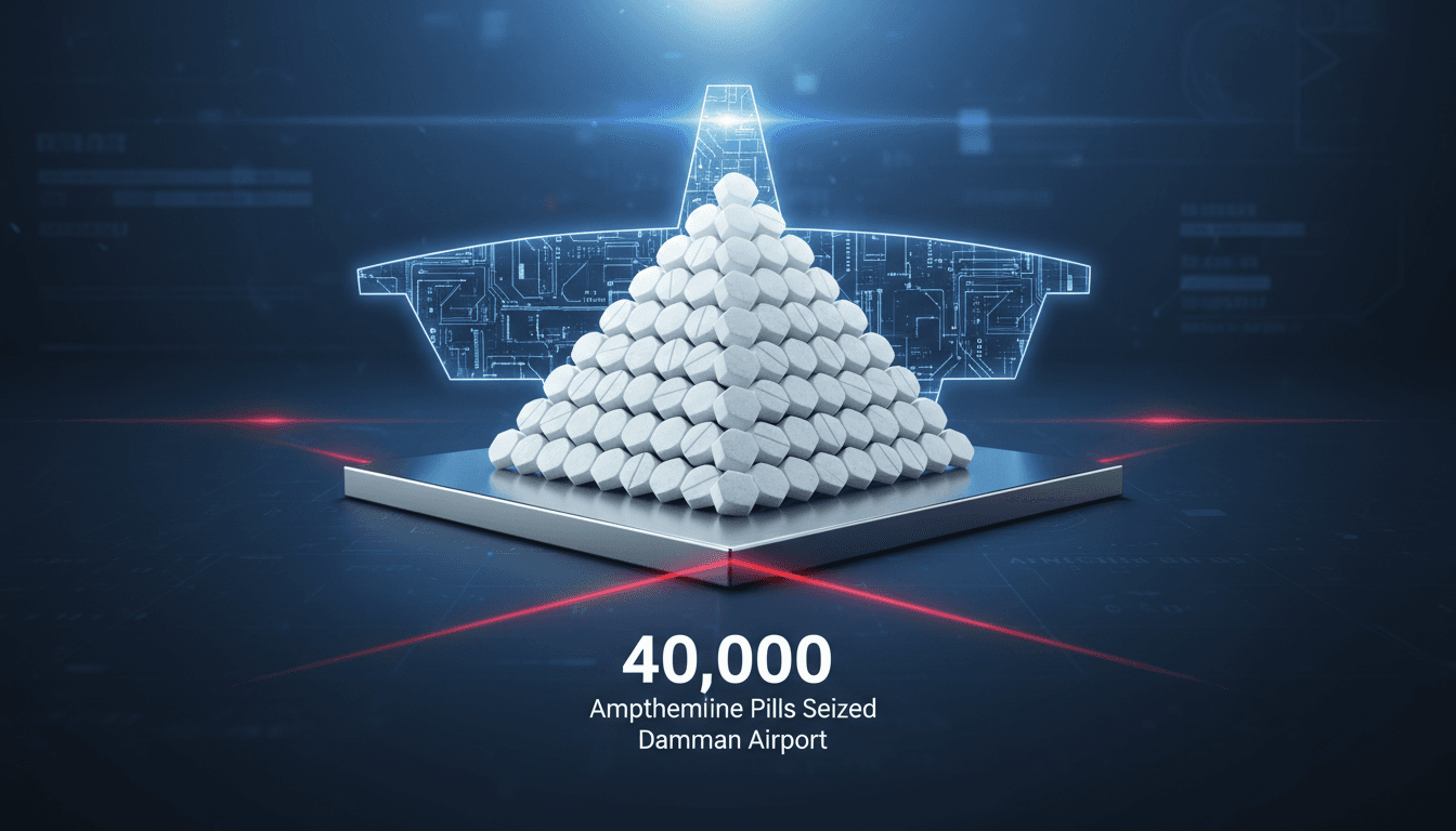 Infographic showing 40,000 amphetamine pills seized by Saudi customs at Dammam Airport.