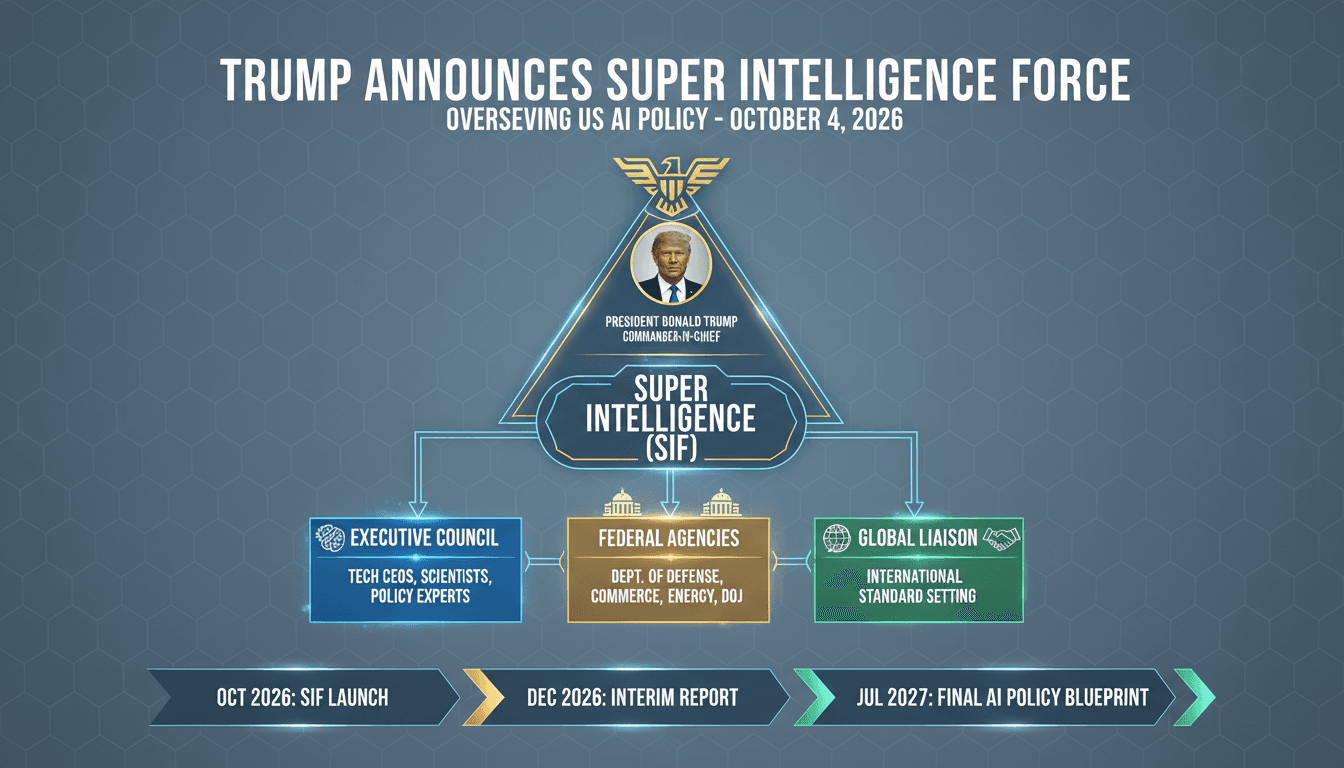 Infographic showing the structure and timeline of Trump's Super Intelligence Force and its impact on AI policy.