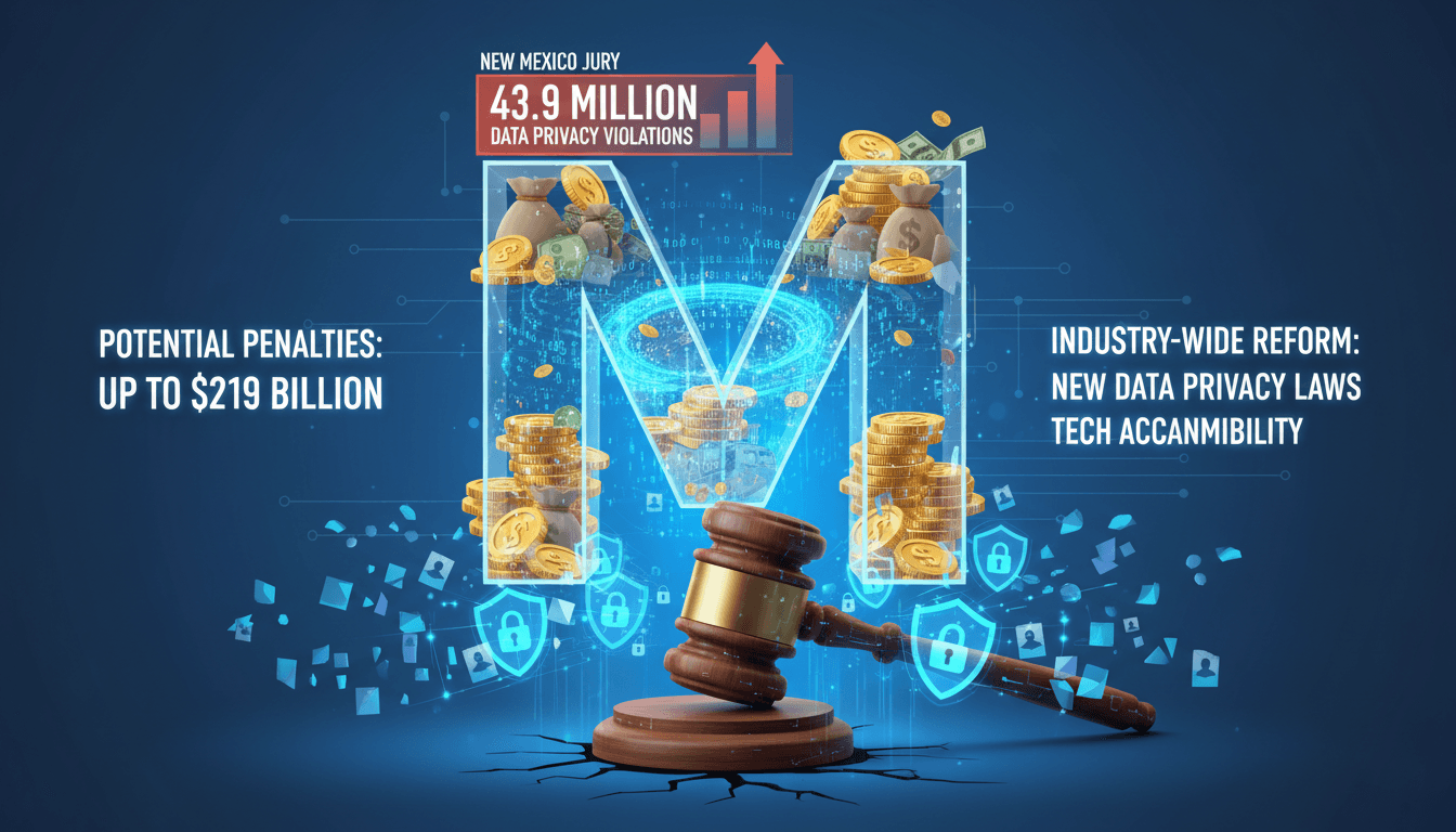 Infographic showing New Mexico's $219 billion penalty against Meta and its implications for data privacy regulations.