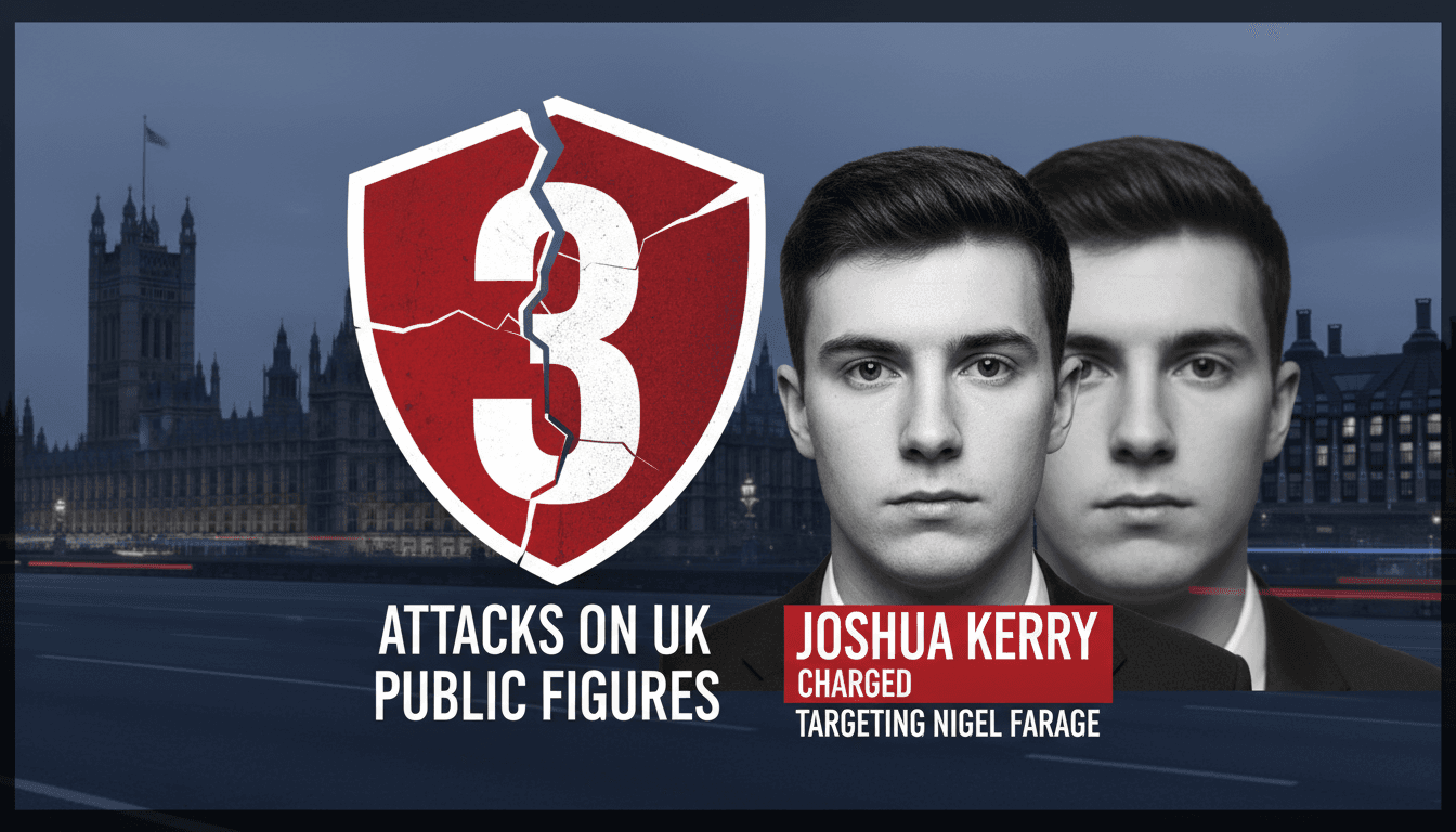 A graphic illustrating the recent terrorism charge against Joshua Kerry, highlighting the impact on public figure safety.