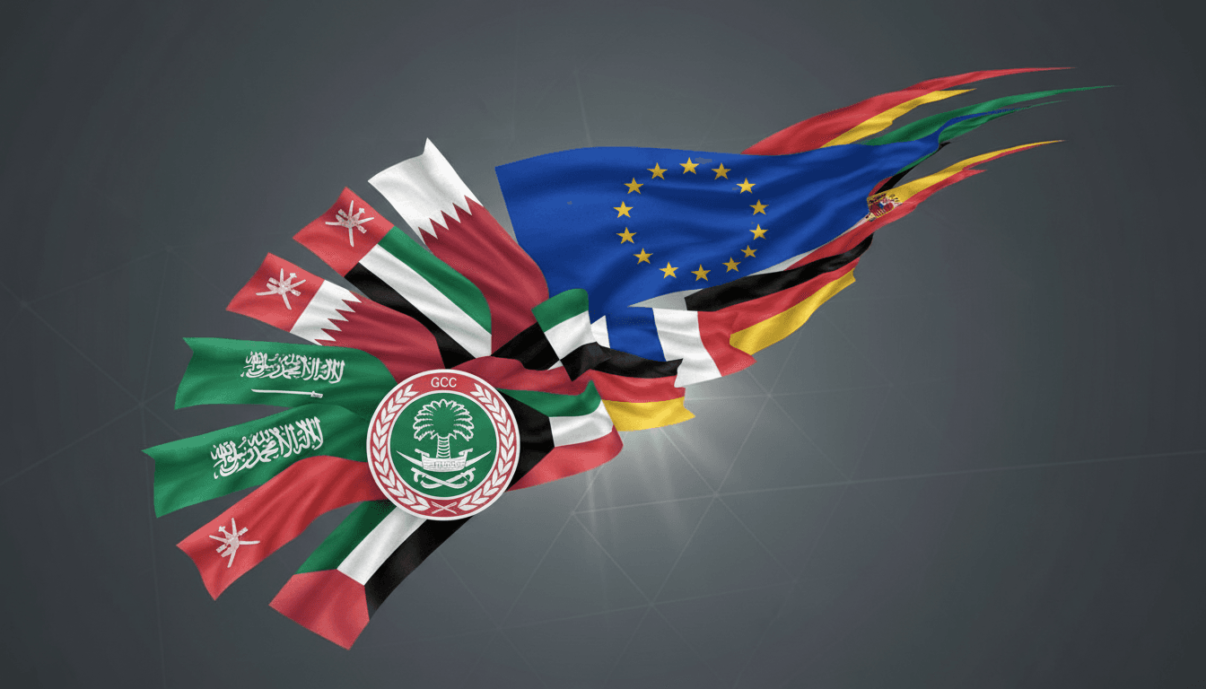 Flags of GCC countries and the EU representing unity and cooperation for the upcoming summit.