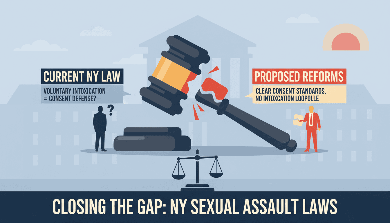 Infographic showing the gap in New York's sexual assault laws and proposed reforms.