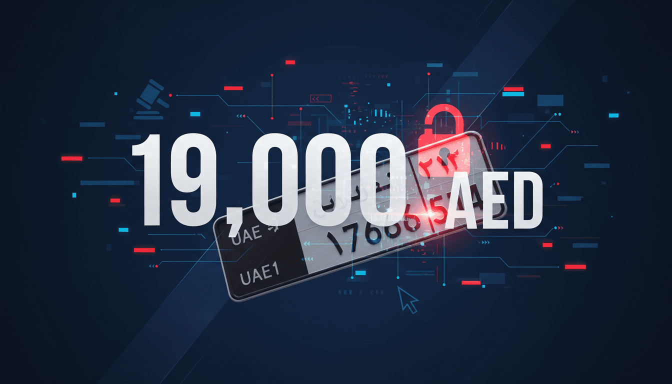 A graphic showing "19,000 AED" with vehicle registration plate and digital fraud elements.