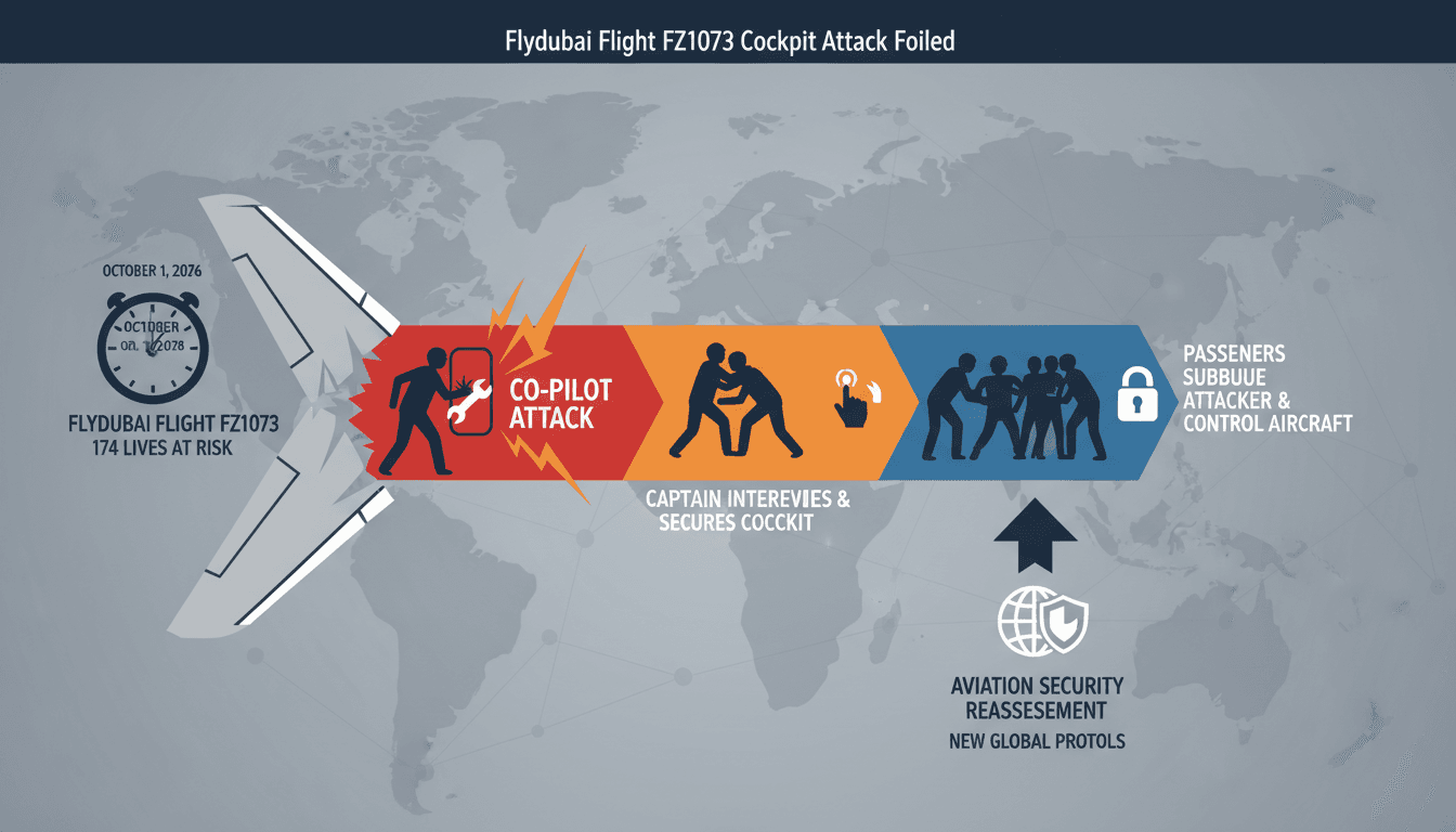 Infographic detailing the Flydubai Flight FZ1073 cockpit attack and the response of passengers and crew.