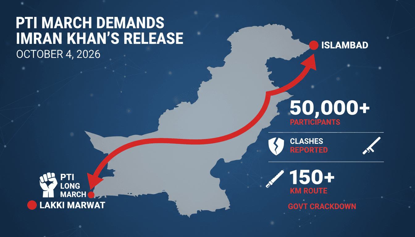 A visual representation of the PTI long march route from Lakki Marwat to Islamabad, emphasizing participant numbers and government barriers.