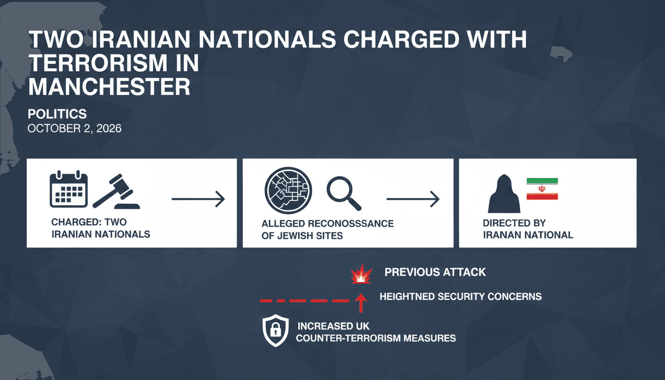 Infographic detailing the charges against Iranian nationals for preparing terrorist acts targeting Manchester's Jewish community.