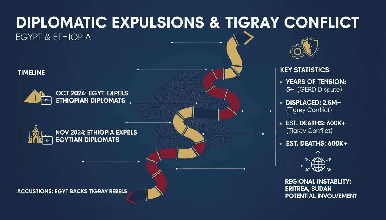 Infographic detailing Egypt and Ethiopia's diplomatic expulsions and Tigray conflict statistics.