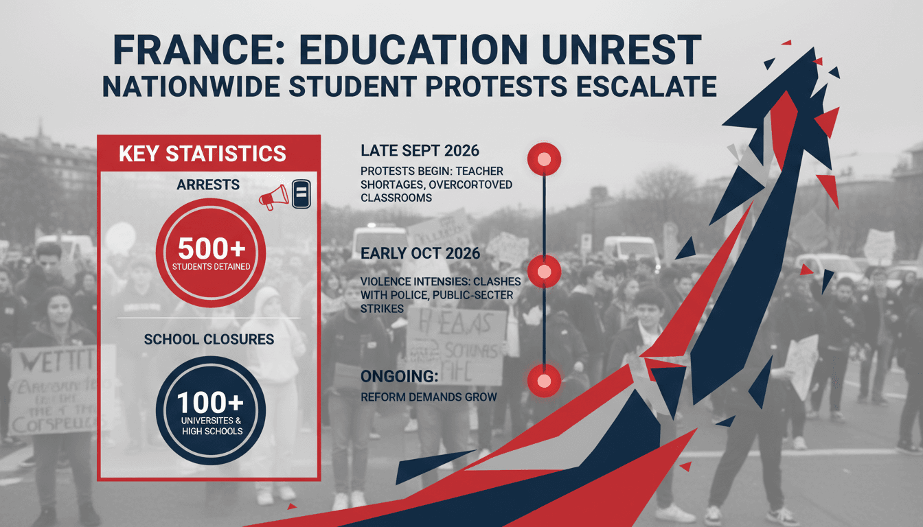 A visual representation of the escalating student protests in France, highlighting key statistics and events.