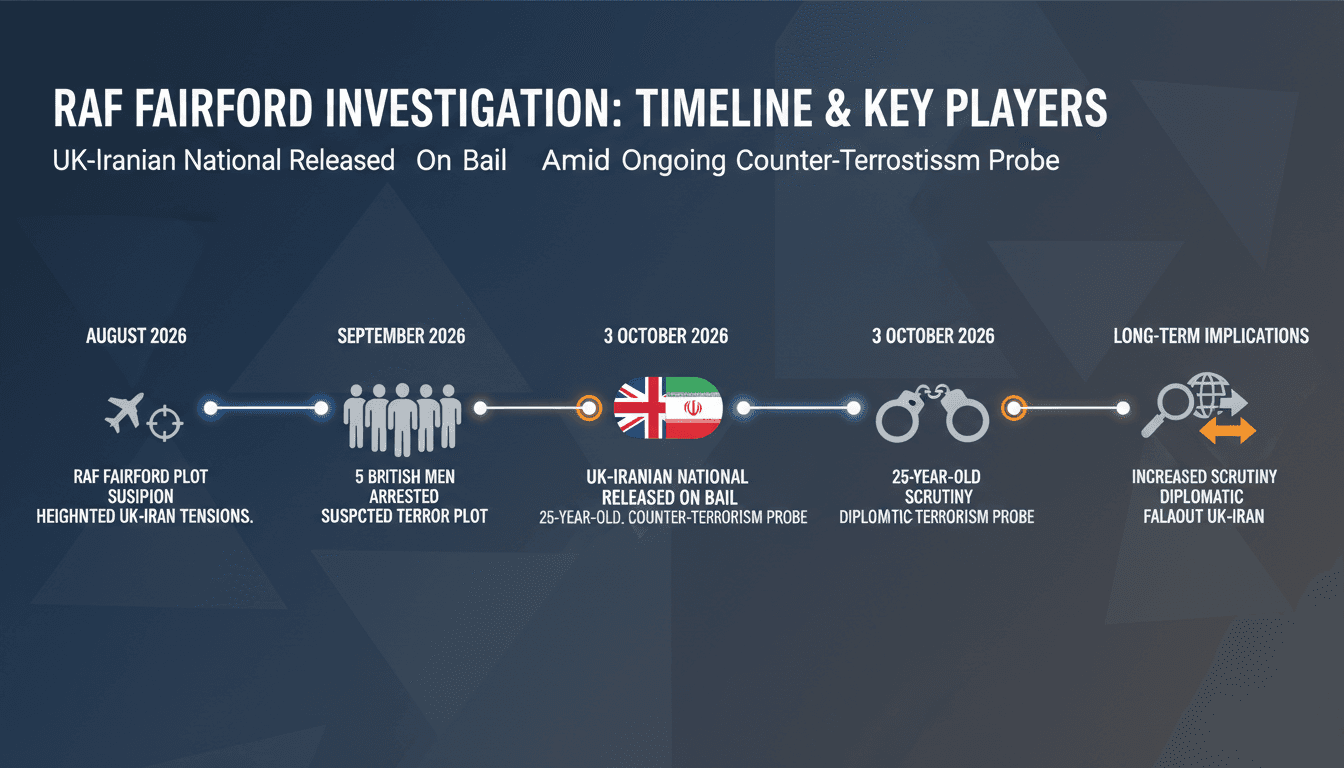A timeline graphic illustrating the arrests and investigation related to the RAF Fairford plot.
