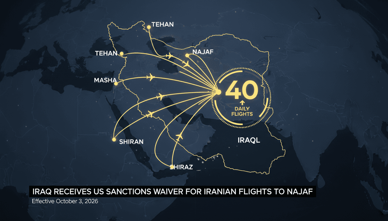A map showing flight routes from Iran to Najaf, highlighting the new US sanctions waiver for daily flights.